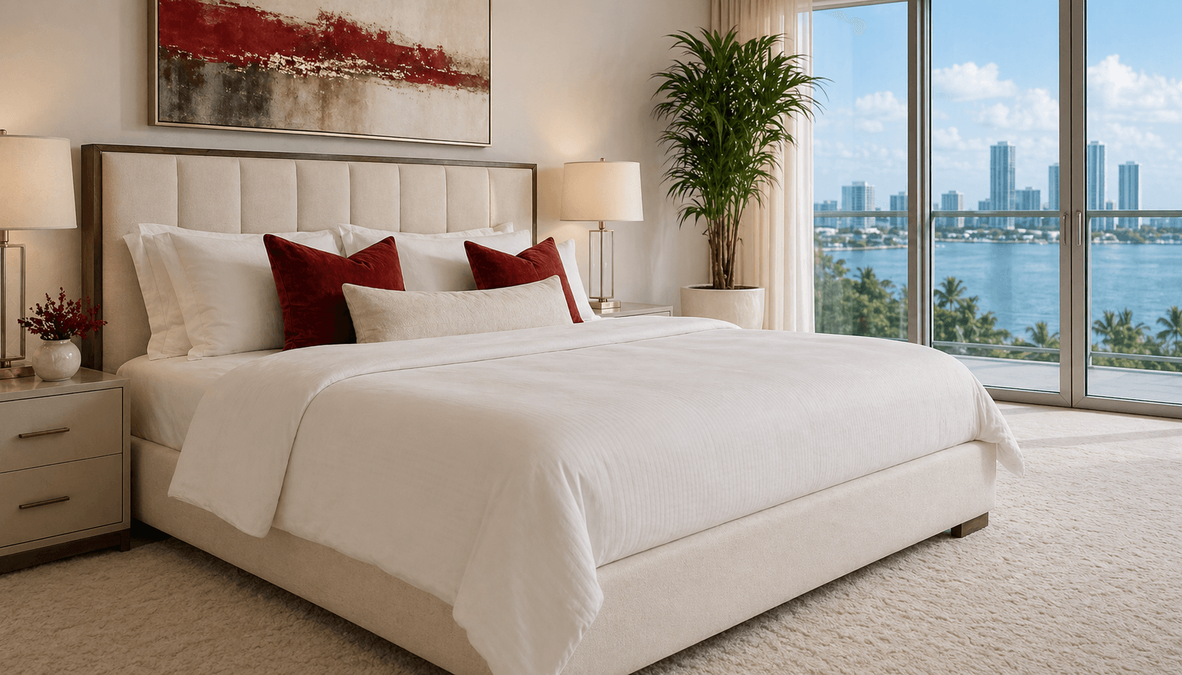 Photorealistic fresh bedroom scene with a clean bed